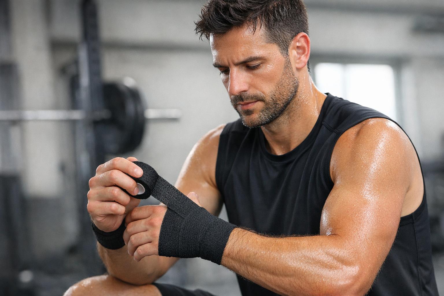 zdjęcie: sportowiec opatrujący nadgarstek bandażem samoprzylepnym