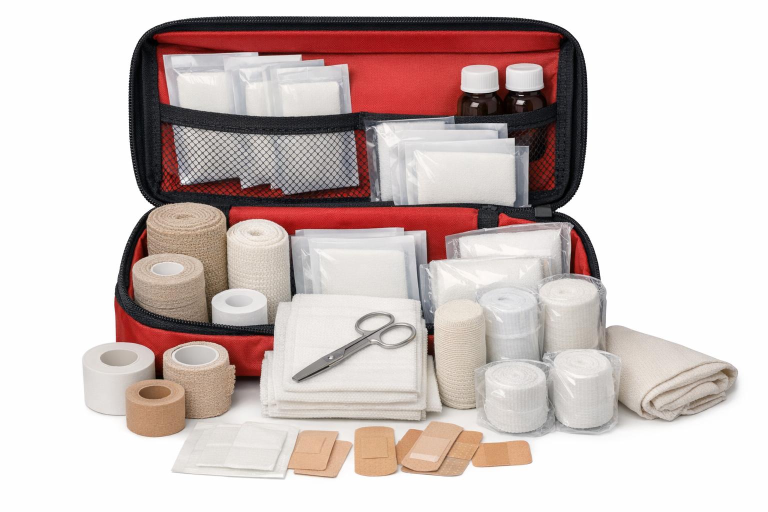 zdjęcie: apteczka z różnymi typami bandaży i opatrunków