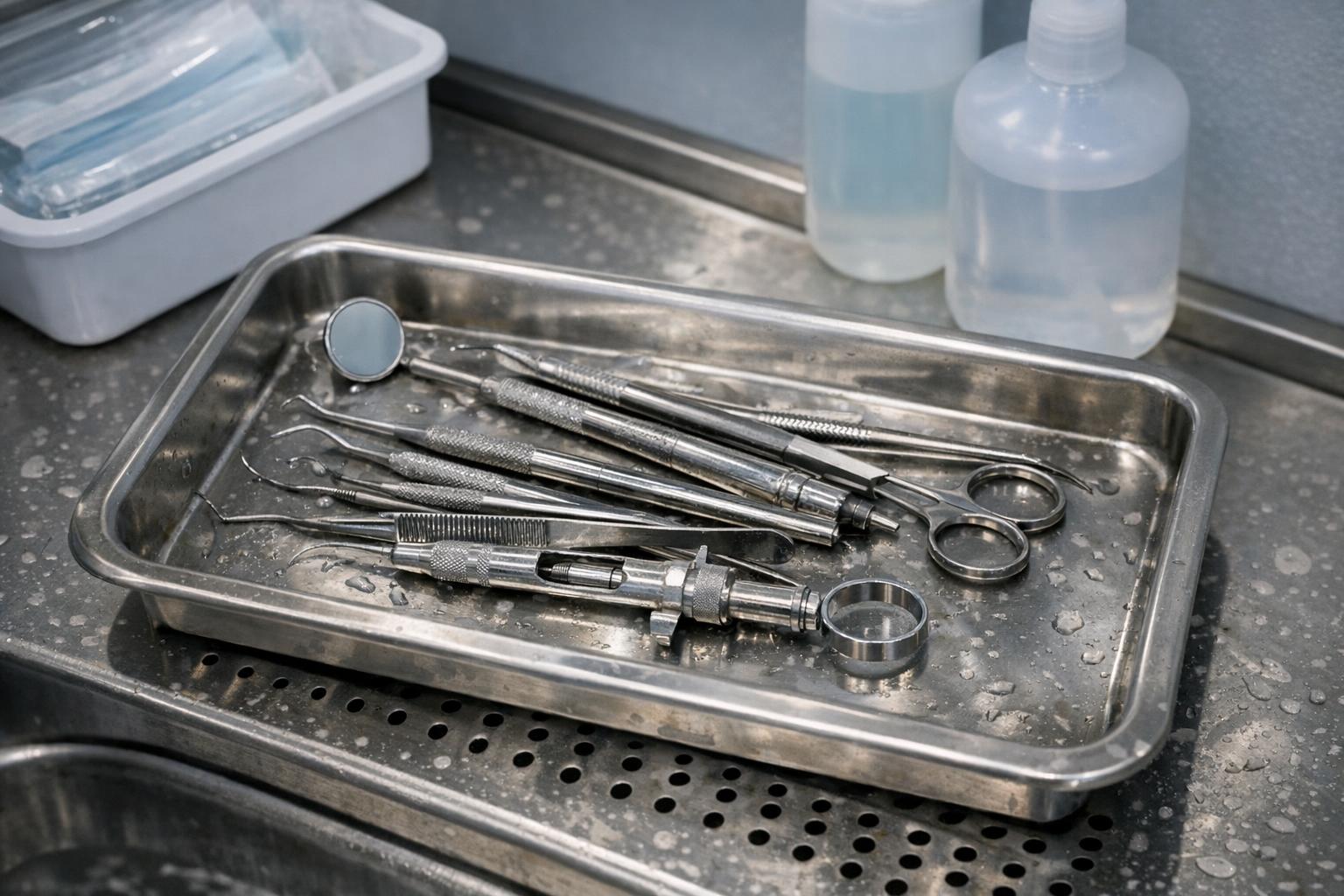 zdjęcie: instrumenty stomatologiczne na tacce przed dezynfekcją